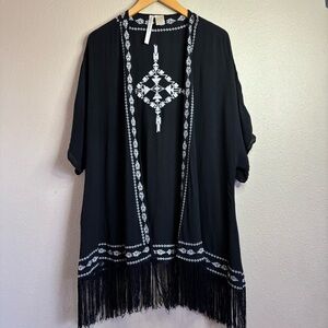 Forgotten Grace Black Fringe Kimono with White Embroidery size XL